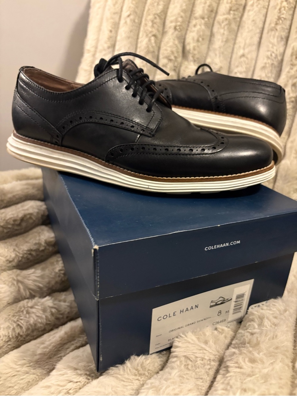 Cole Haan Black Leather Wingtip Derby with White Sole